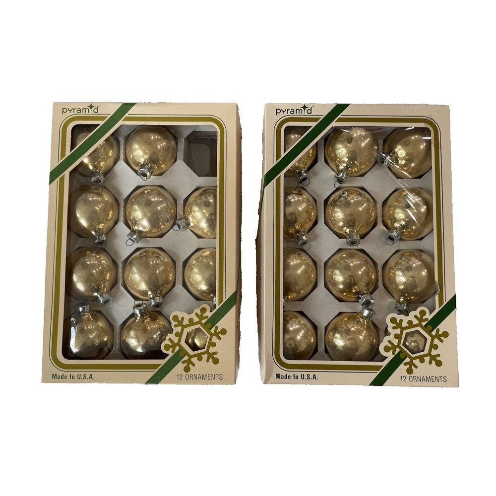 23 Vintage 2 inch Pyramid‎ Gold Glass Ball CHRISTMAS Tree Ornaments in Box